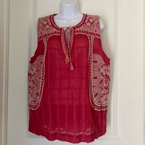 Lucky Brand Sleeveless Sheer Top Embroidered Ties Tassels Boho Summer Casual L